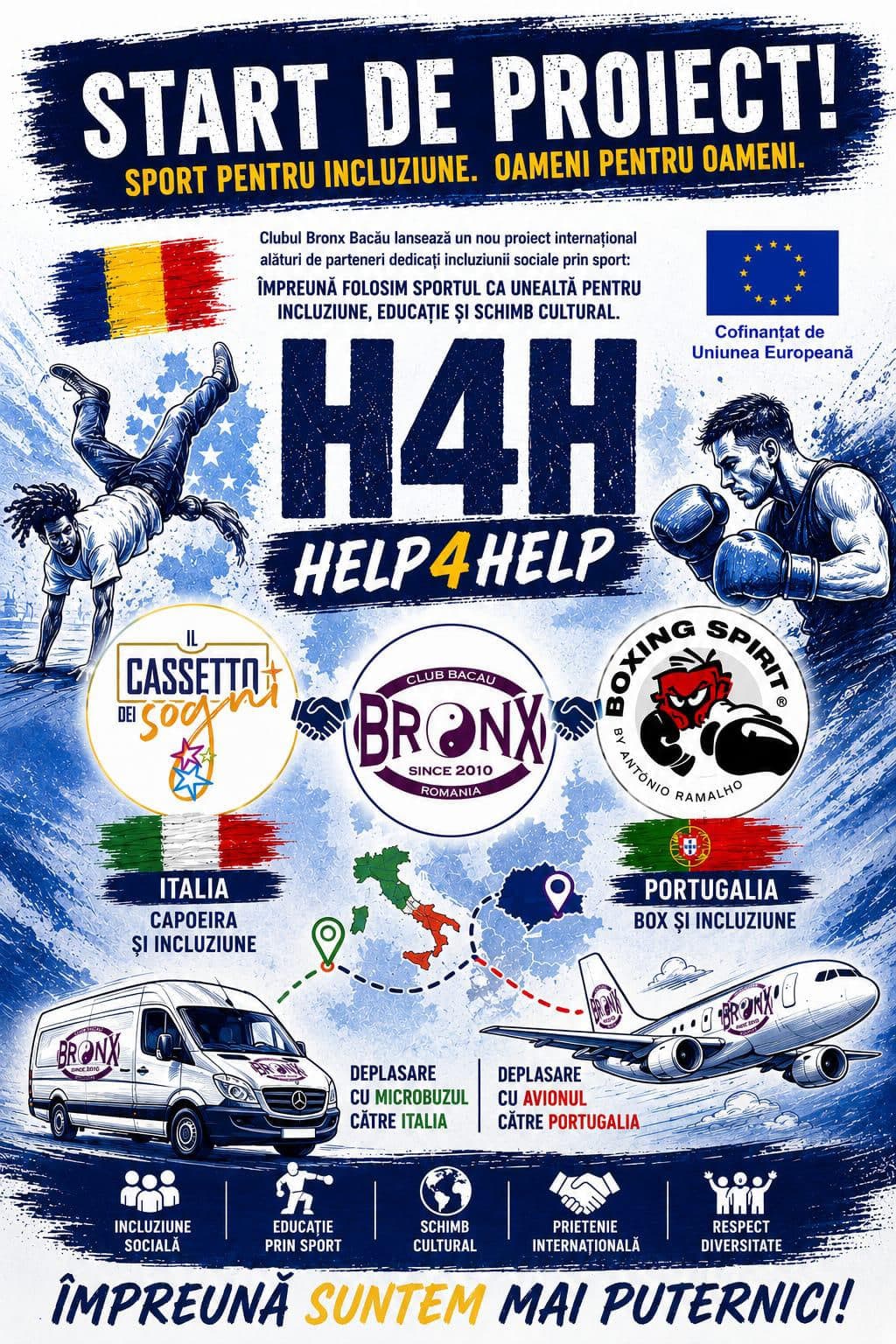 Afișul proiectului „H4H — HELP 4 HELP”: CS Bronx Bacău alături de Il Cassetto dei Sogni (Italia) și Boxing Spirit (Portugalia)