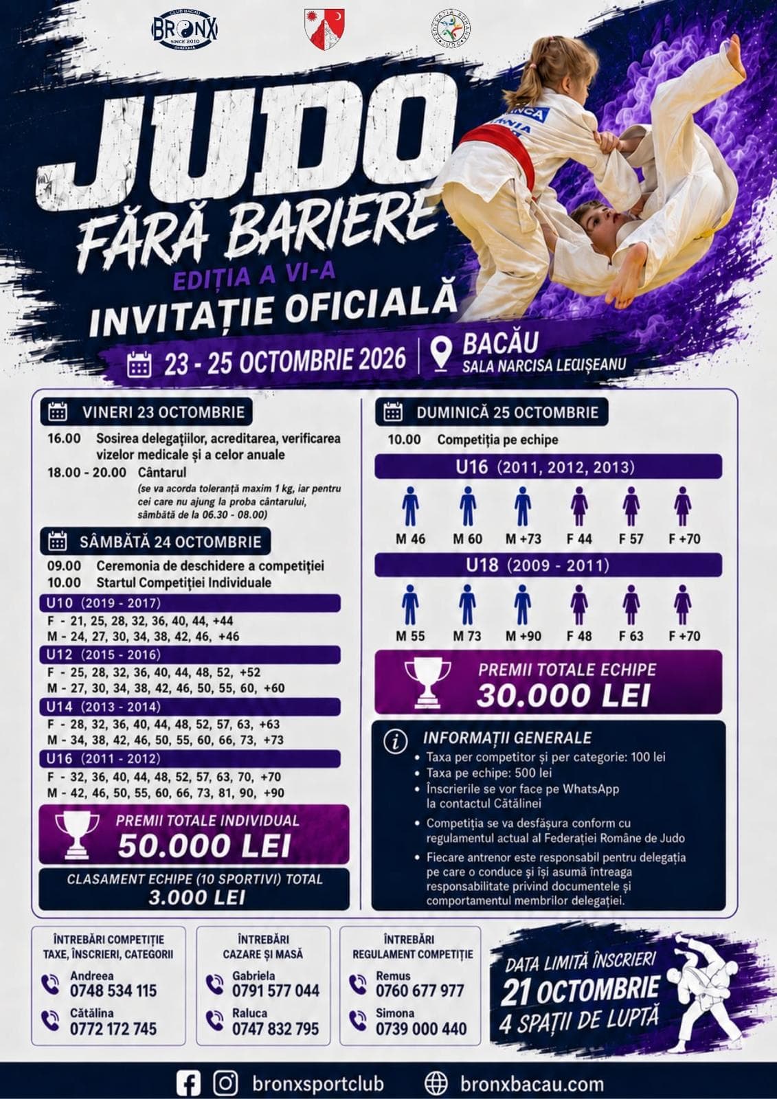 Afișul competiției „Judo Fără Bariere”, ediția a VI-a, 23–25 octombrie 2026, Bacău